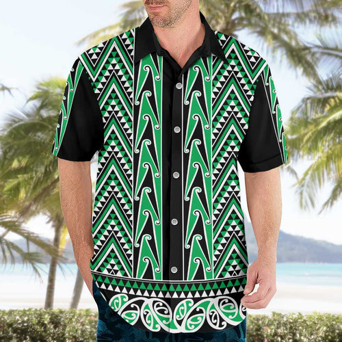 New Zealand Maori Niho Taniwha Hawaiian Shirt Kakariki Mangopare and Puhoro Pattern