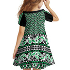 New Zealand Maori Niho Taniwha Kid Short Sleeve Dress Kakariki Mangopare and Puhoro Pattern