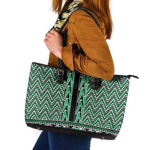 New Zealand Maori Niho Taniwha Leather Tote Bag Kakariki Mangopare and Puhoro Pattern