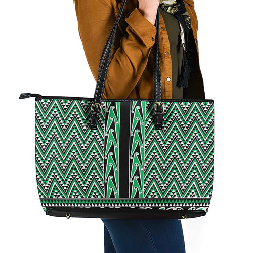 New Zealand Maori Niho Taniwha Leather Tote Bag Kakariki Mangopare and Puhoro Pattern