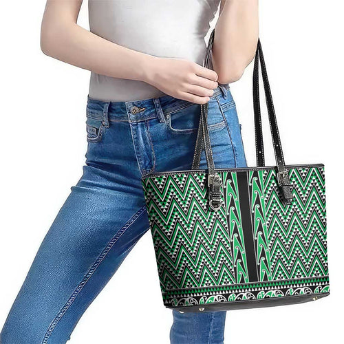 New Zealand Maori Niho Taniwha Leather Tote Bag Kakariki Mangopare and Puhoro Pattern
