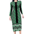 New Zealand Maori Niho Taniwha Long Sleeve Bodycon Dress Kakariki Mangopare and Puhoro Pattern