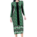 New Zealand Maori Niho Taniwha Long Sleeve Bodycon Dress Kakariki Mangopare and Puhoro Pattern