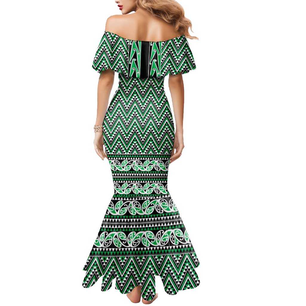 New Zealand Maori Niho Taniwha Mermaid Dress Kakariki Mangopare and Puhoro Pattern