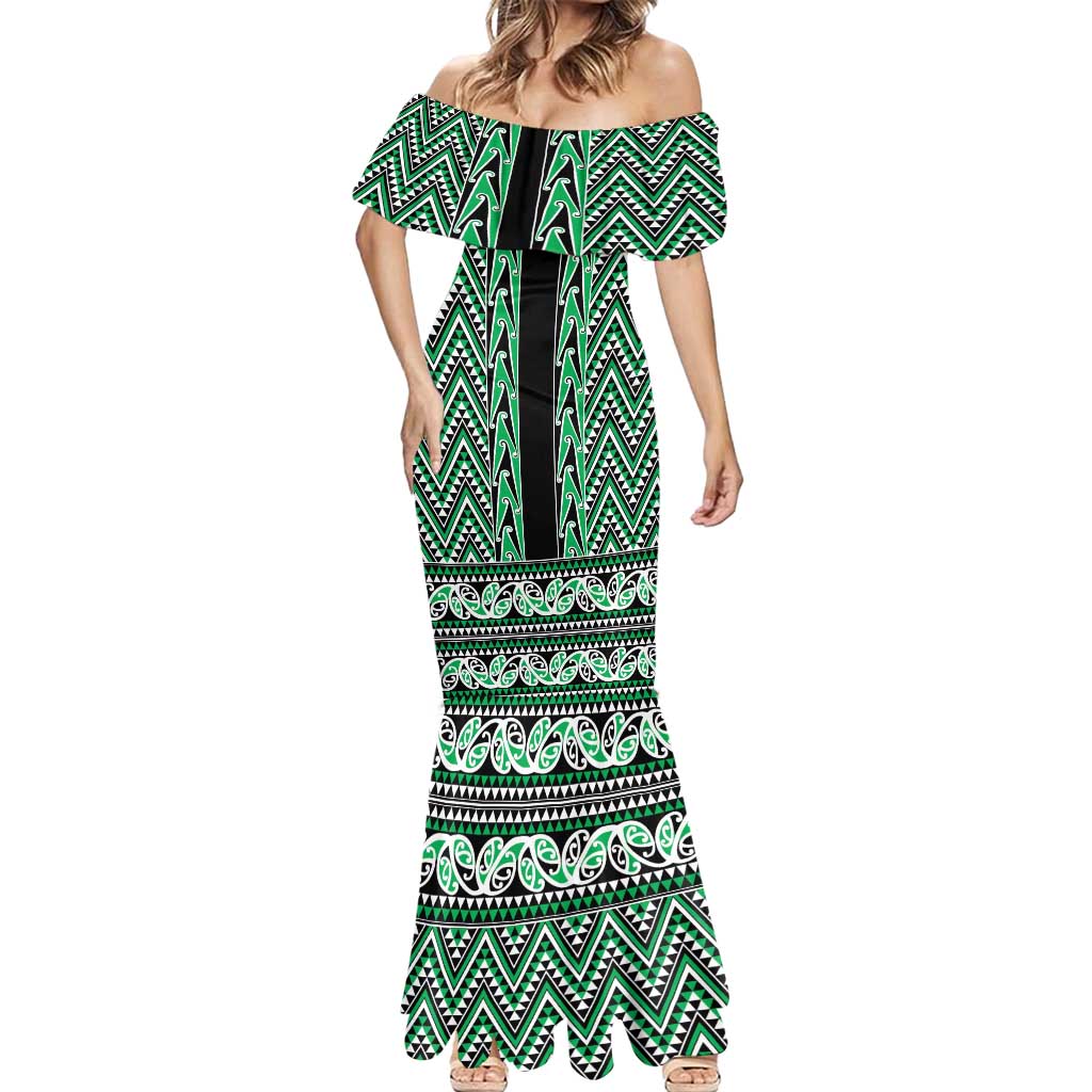 New Zealand Maori Niho Taniwha Mermaid Dress Kakariki Mangopare and Puhoro Pattern