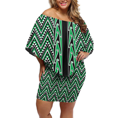New Zealand Maori Niho Taniwha Off Shoulder Short Dress Kakariki Mangopare and Puhoro Pattern
