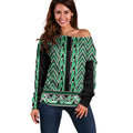 New Zealand Maori Niho Taniwha Off Shoulder Sweater Kakariki Mangopare and Puhoro Pattern