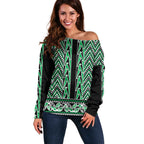 New Zealand Maori Niho Taniwha Off Shoulder Sweater Kakariki Mangopare and Puhoro Pattern