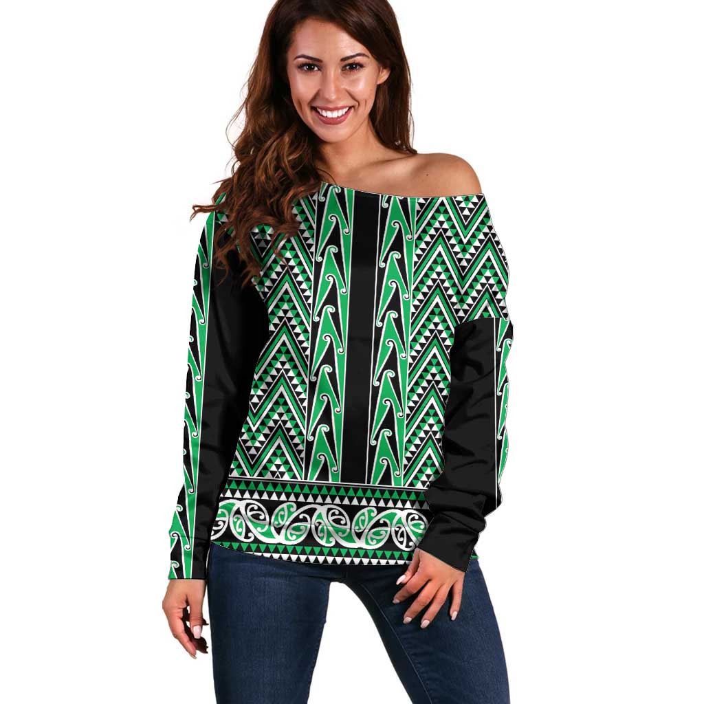 New Zealand Maori Niho Taniwha Off Shoulder Sweater Kakariki Mangopare and Puhoro Pattern