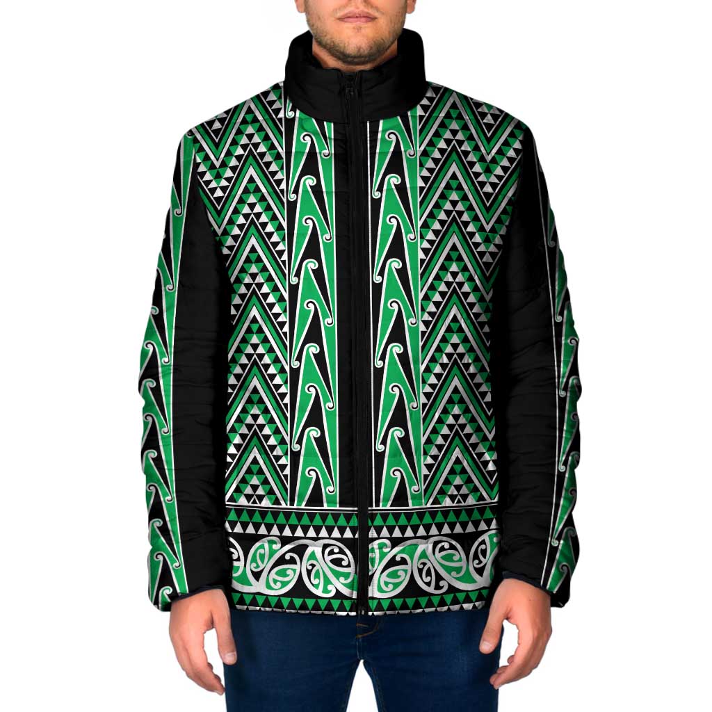 New Zealand Maori Niho Taniwha Padded Jacket Kakariki Mangopare and Puhoro Pattern - Aussie Hoodie
