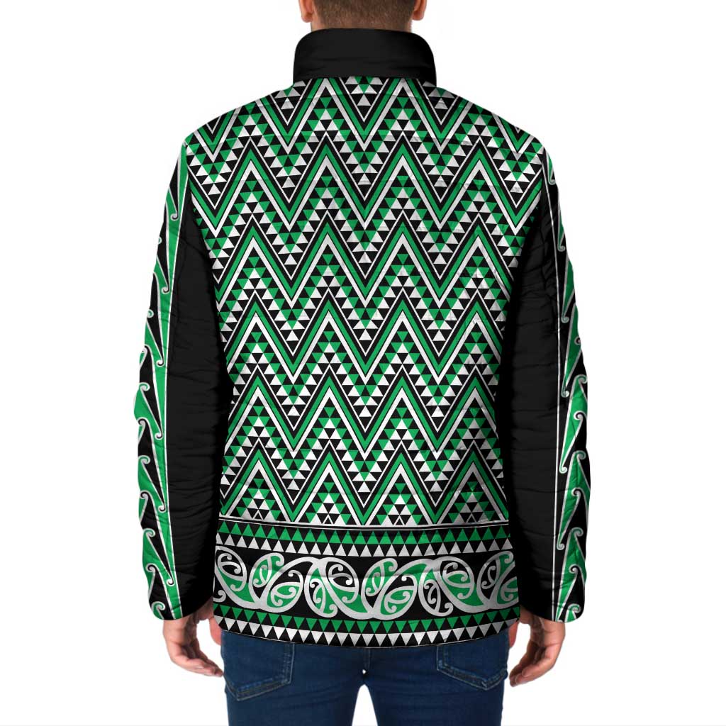 New Zealand Maori Niho Taniwha Padded Jacket Kakariki Mangopare and Puhoro Pattern - Aussie Hoodie