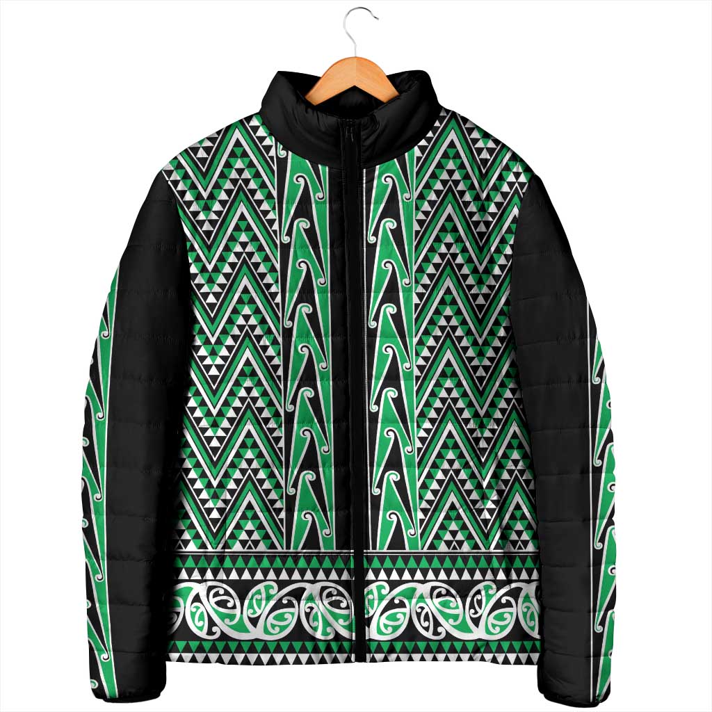 New Zealand Maori Niho Taniwha Padded Jacket Kakariki Mangopare and Puhoro Pattern - Aussie Hoodie