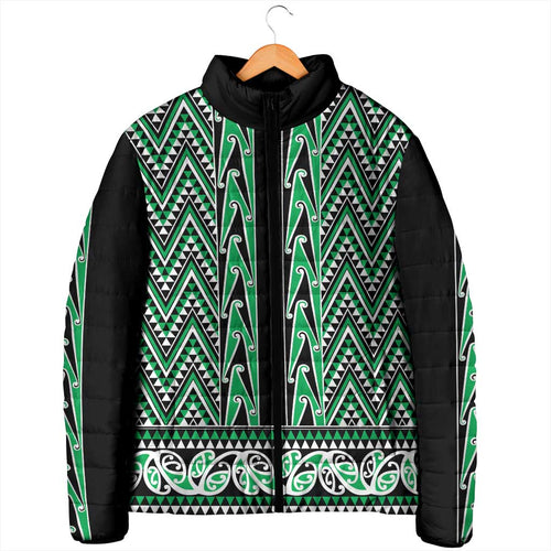 New Zealand Maori Niho Taniwha Padded Jacket Kakariki Mangopare and Puhoro Pattern - Aussie Hoodie