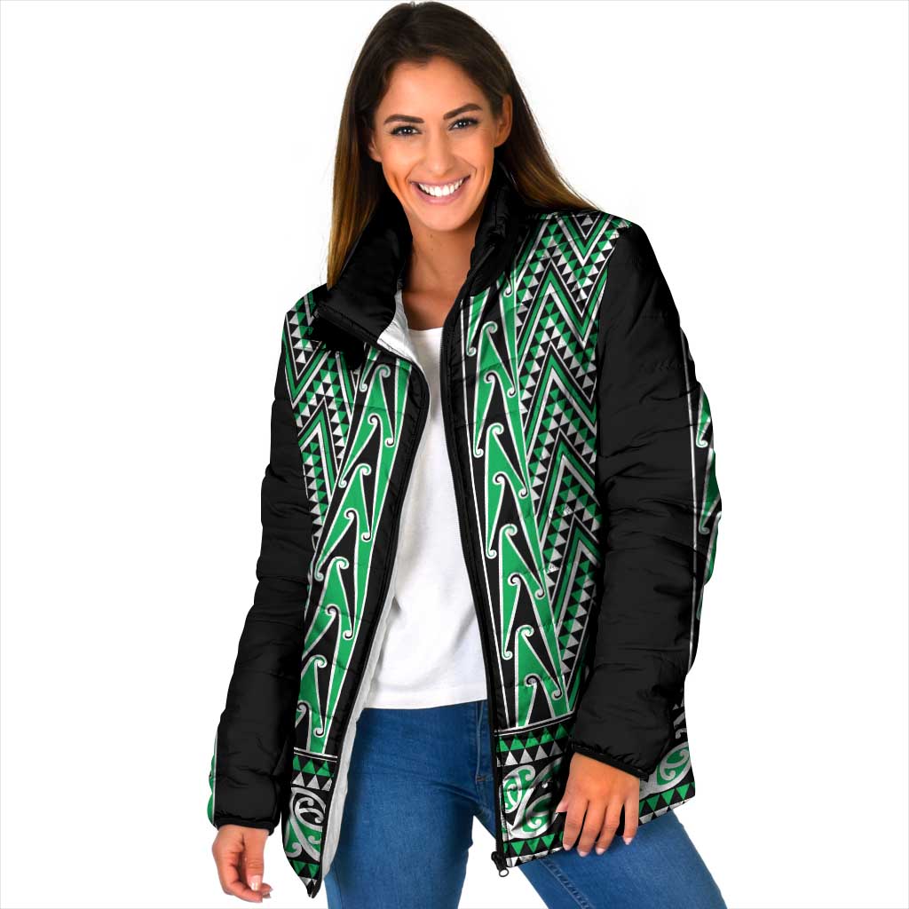 New Zealand Maori Niho Taniwha Padded Jacket Kakariki Mangopare and Puhoro Pattern - Aussie Hoodie