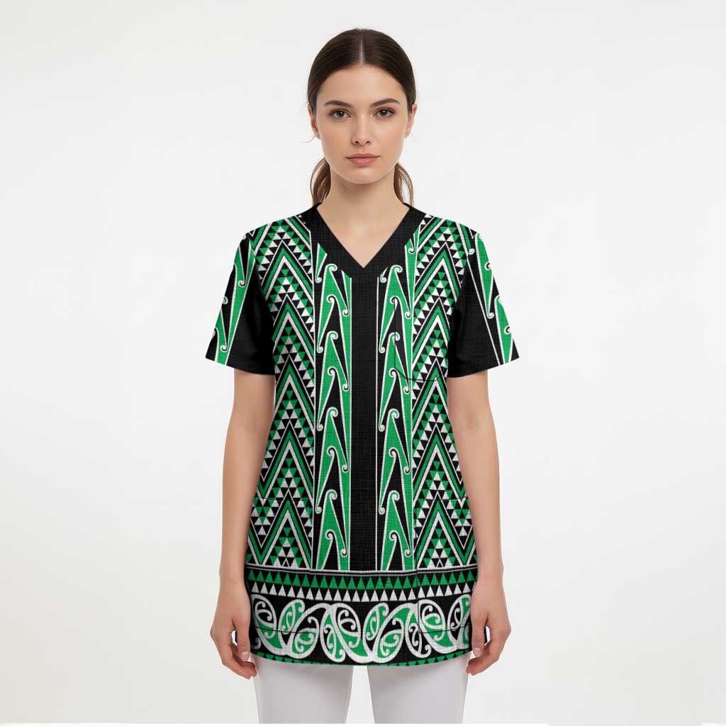 New Zealand Maori Niho Taniwha Scrub Top Kakariki Mangopare and Puhoro Pattern - Aussie Hoodie