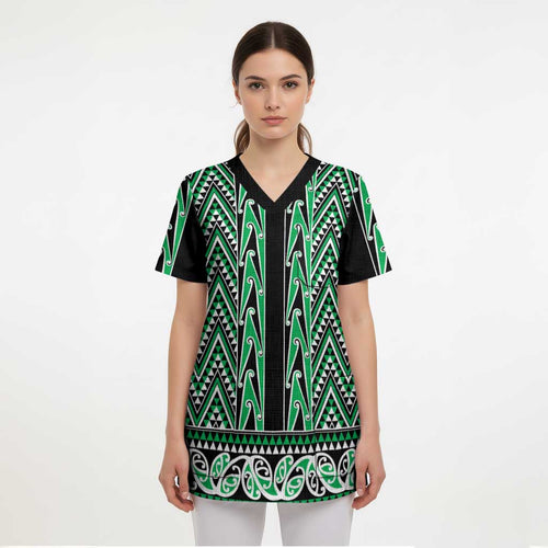 New Zealand Maori Niho Taniwha Scrub Top Kakariki Mangopare and Puhoro Pattern - Aussie Hoodie