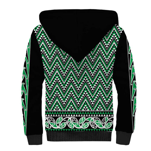 New Zealand Maori Niho Taniwha Sherpa Hoodie Kakariki Mangopare and Puhoro Pattern