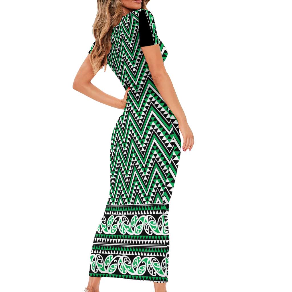 New Zealand Maori Niho Taniwha Short Sleeve Bodycon Dress Kakariki Mangopare and Puhoro Pattern