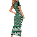 New Zealand Maori Niho Taniwha Short Sleeve Bodycon Dress Kakariki Mangopare and Puhoro Pattern