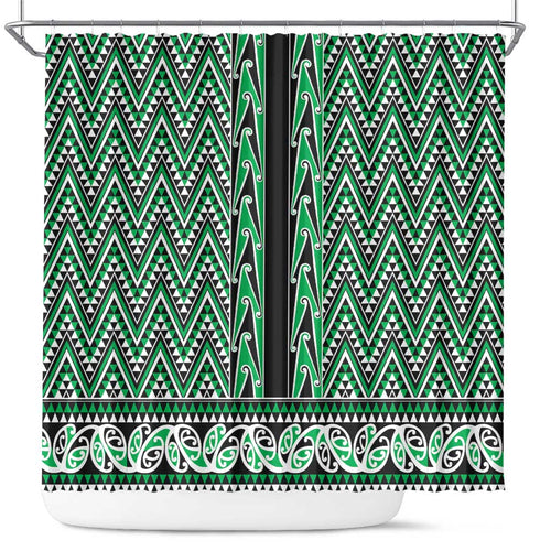 New Zealand Maori Niho Taniwha Shower Curtain Kakariki Mangopare and Puhoro Pattern