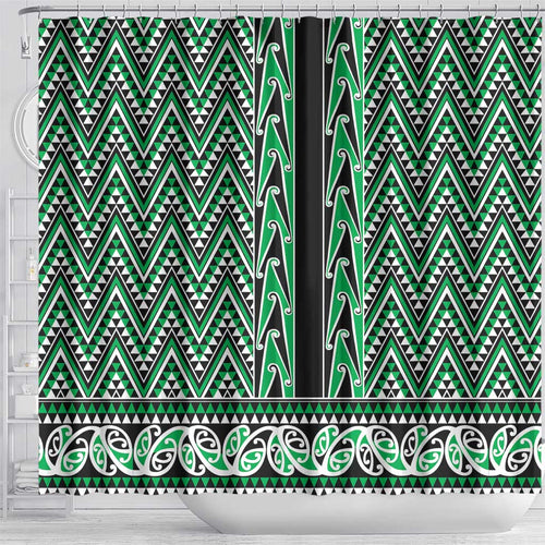 New Zealand Maori Niho Taniwha Shower Curtain Kakariki Mangopare and Puhoro Pattern