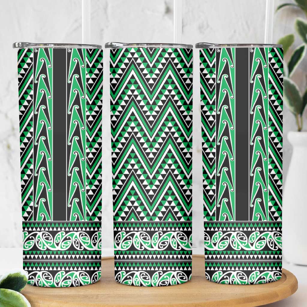New Zealand Maori Niho Taniwha Skinny Tumbler Kakariki Mangopare and Puhoro Pattern