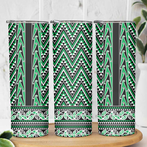 New Zealand Maori Niho Taniwha Skinny Tumbler Kakariki Mangopare and Puhoro Pattern