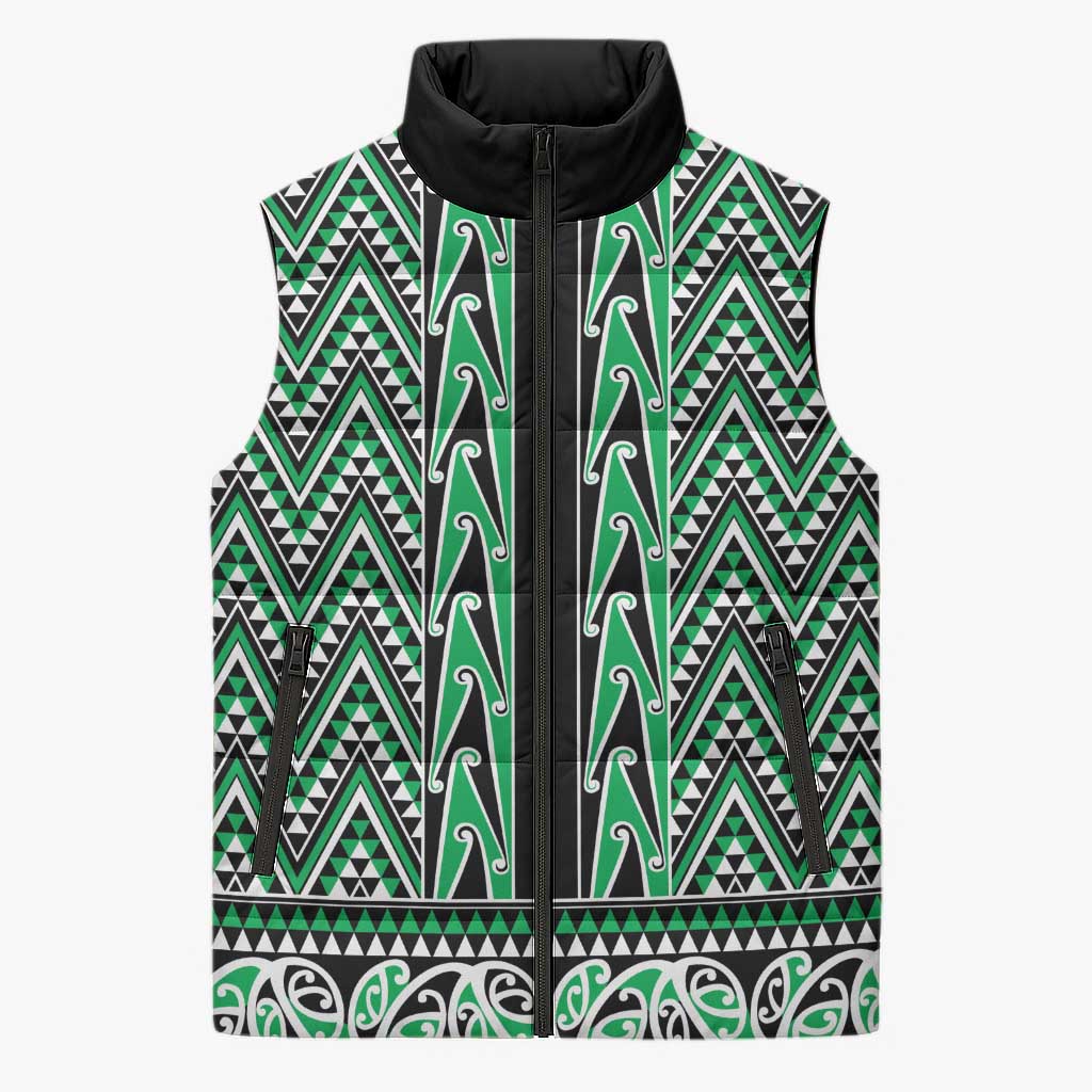 New Zealand Maori Niho Taniwha Sleeveless Puffer Jacket Kakariki Mangopare and Puhoro Pattern - Aussie Hoodie
