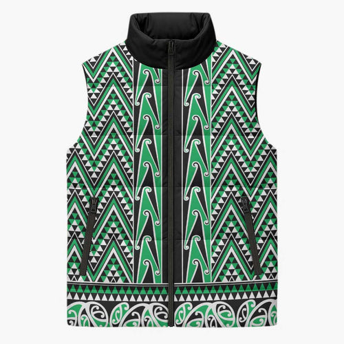 New Zealand Maori Niho Taniwha Sleeveless Puffer Jacket Kakariki Mangopare and Puhoro Pattern - Aussie Hoodie