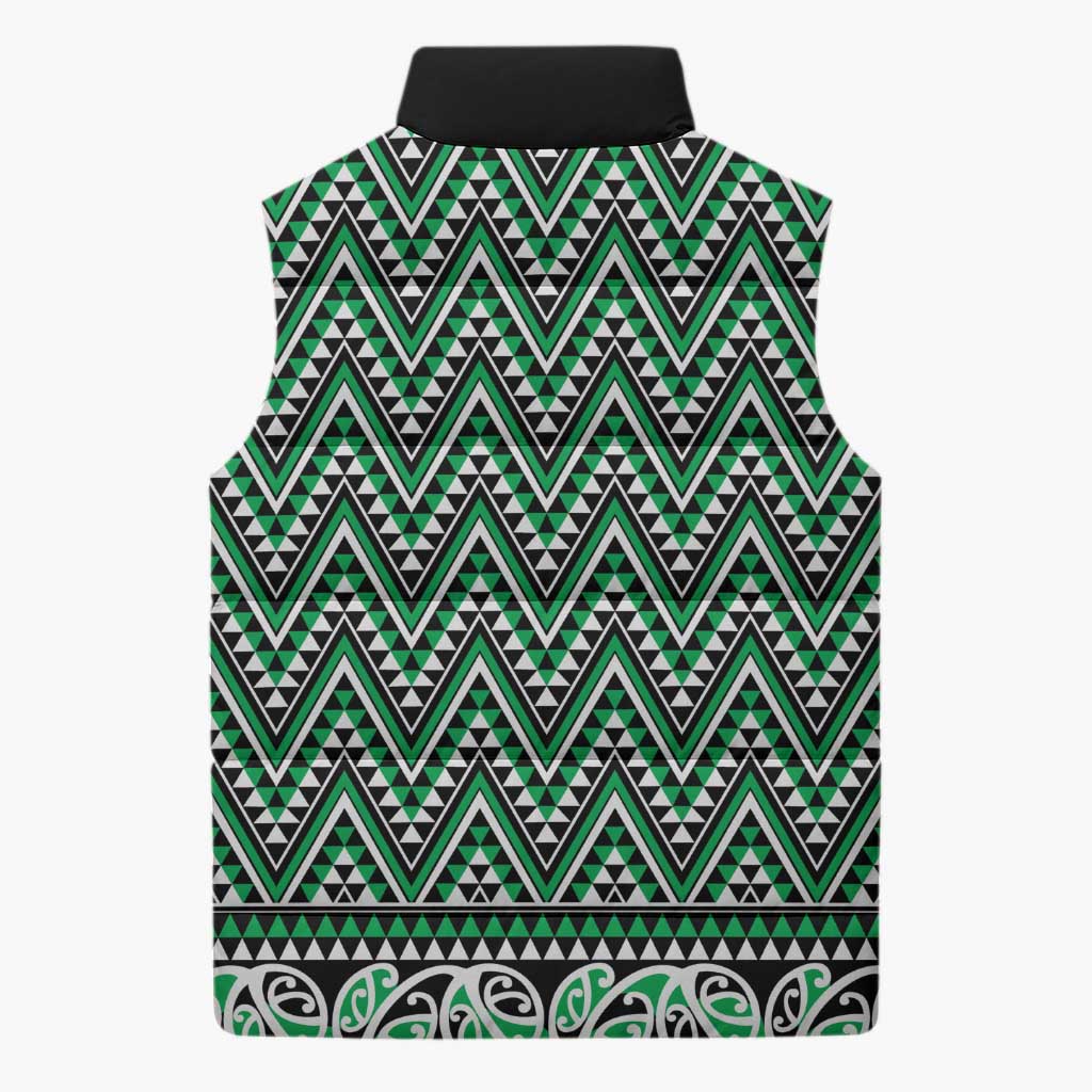 New Zealand Maori Niho Taniwha Sleeveless Puffer Jacket Kakariki Mangopare and Puhoro Pattern - Aussie Hoodie