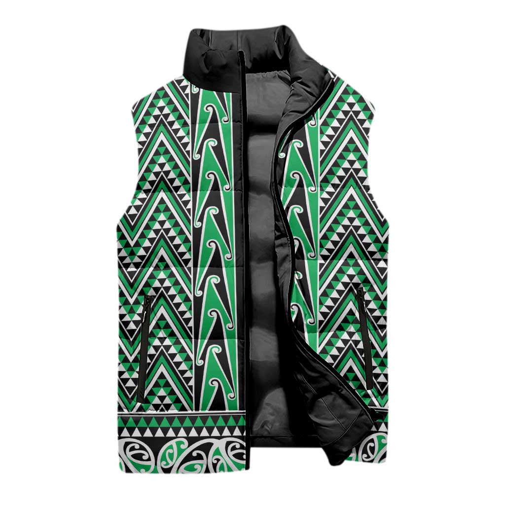 New Zealand Maori Niho Taniwha Sleeveless Puffer Jacket Kakariki Mangopare and Puhoro Pattern - Aussie Hoodie