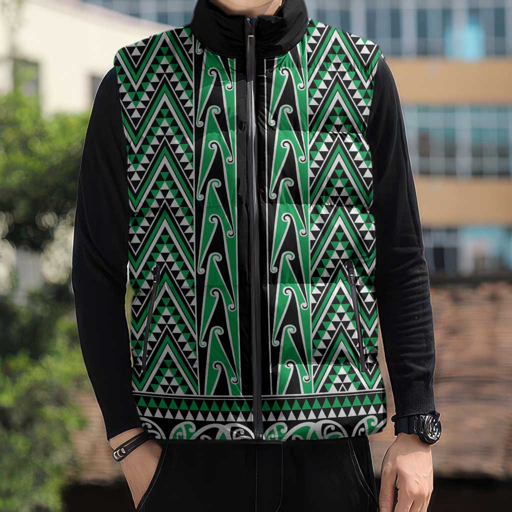 New Zealand Maori Niho Taniwha Sleeveless Puffer Jacket Kakariki Mangopare and Puhoro Pattern - Aussie Hoodie