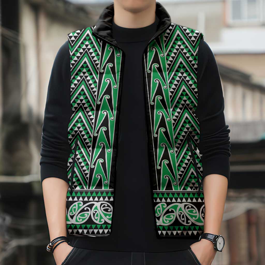 New Zealand Maori Niho Taniwha Sleeveless Puffer Jacket Kakariki Mangopare and Puhoro Pattern - Aussie Hoodie