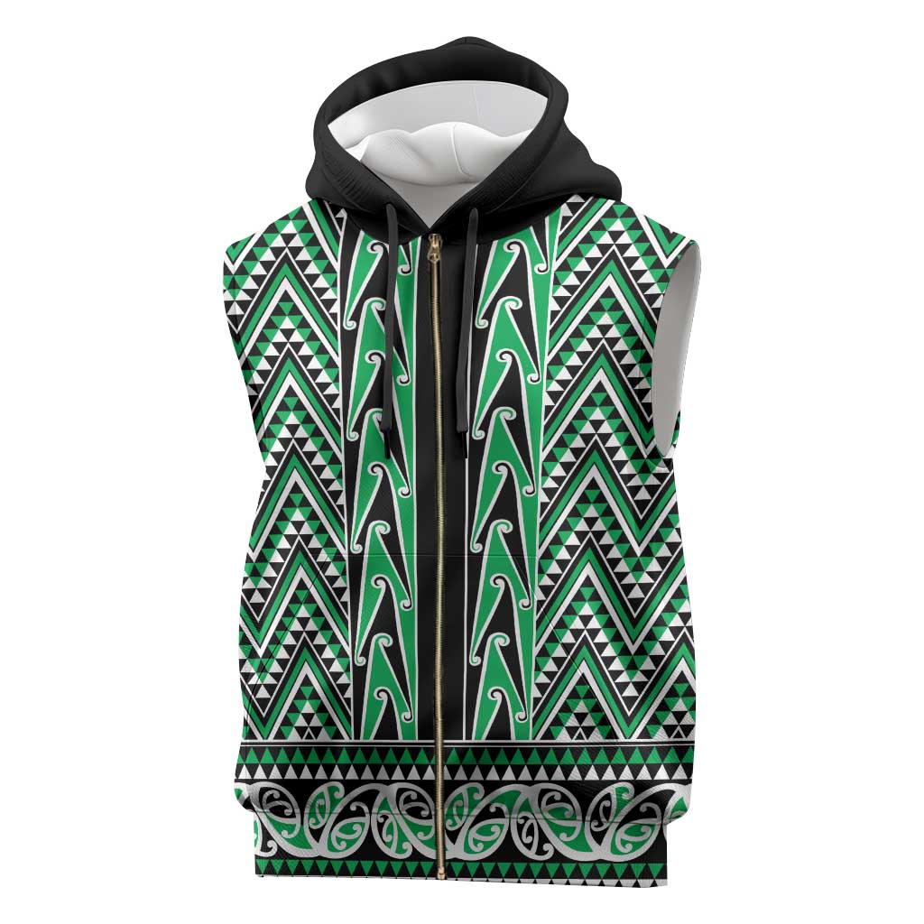 New Zealand Maori Niho Taniwha Sleeveless Zip Hoodie Kakariki Mangopare and Puhoro Pattern - Aussie Hoodie
