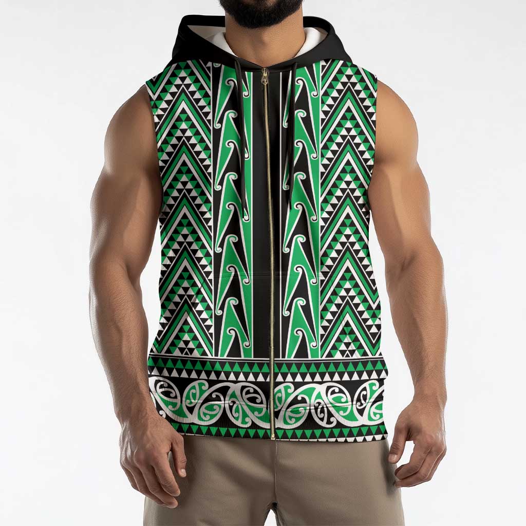 New Zealand Maori Niho Taniwha Sleeveless Zip Hoodie Kakariki Mangopare and Puhoro Pattern - Aussie Hoodie