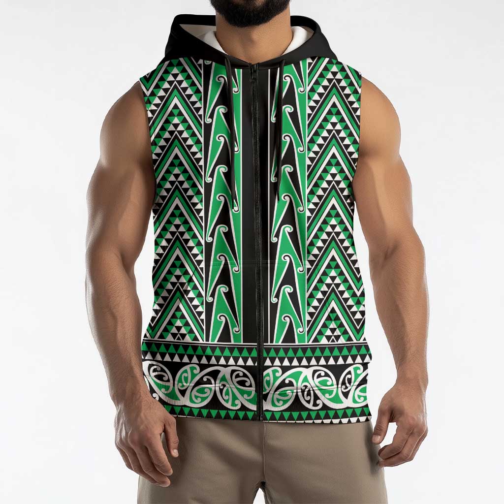 New Zealand Maori Niho Taniwha Sleeveless Zip Hoodie Kakariki Mangopare and Puhoro Pattern LT9