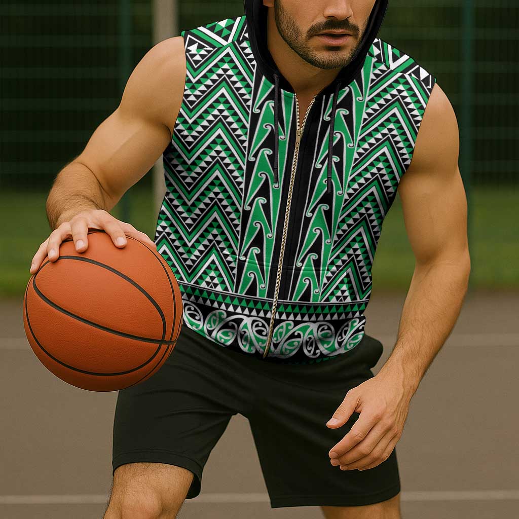 New Zealand Maori Niho Taniwha Sleeveless Zip Hoodie Kakariki Mangopare and Puhoro Pattern - Aussie Hoodie