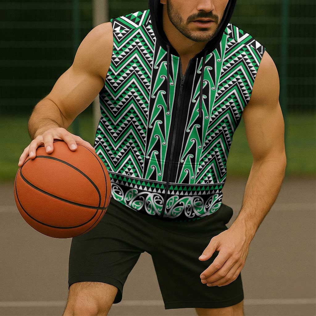New Zealand Maori Niho Taniwha Sleeveless Zip Hoodie Kakariki Mangopare and Puhoro Pattern LT9