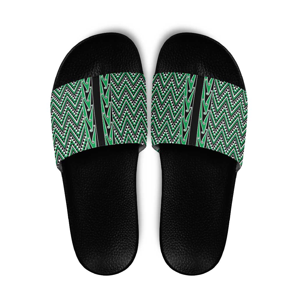 New Zealand Maori Niho Taniwha Slide Sandals Kakariki Mangopare and Puhoro Pattern - Aussie Hoodie