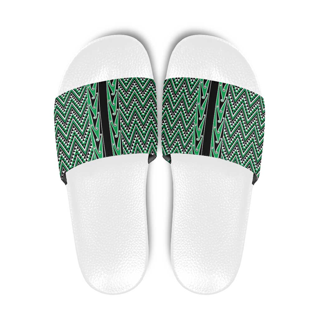 New Zealand Maori Niho Taniwha Slide Sandals Kakariki Mangopare and Puhoro Pattern - Aussie Hoodie