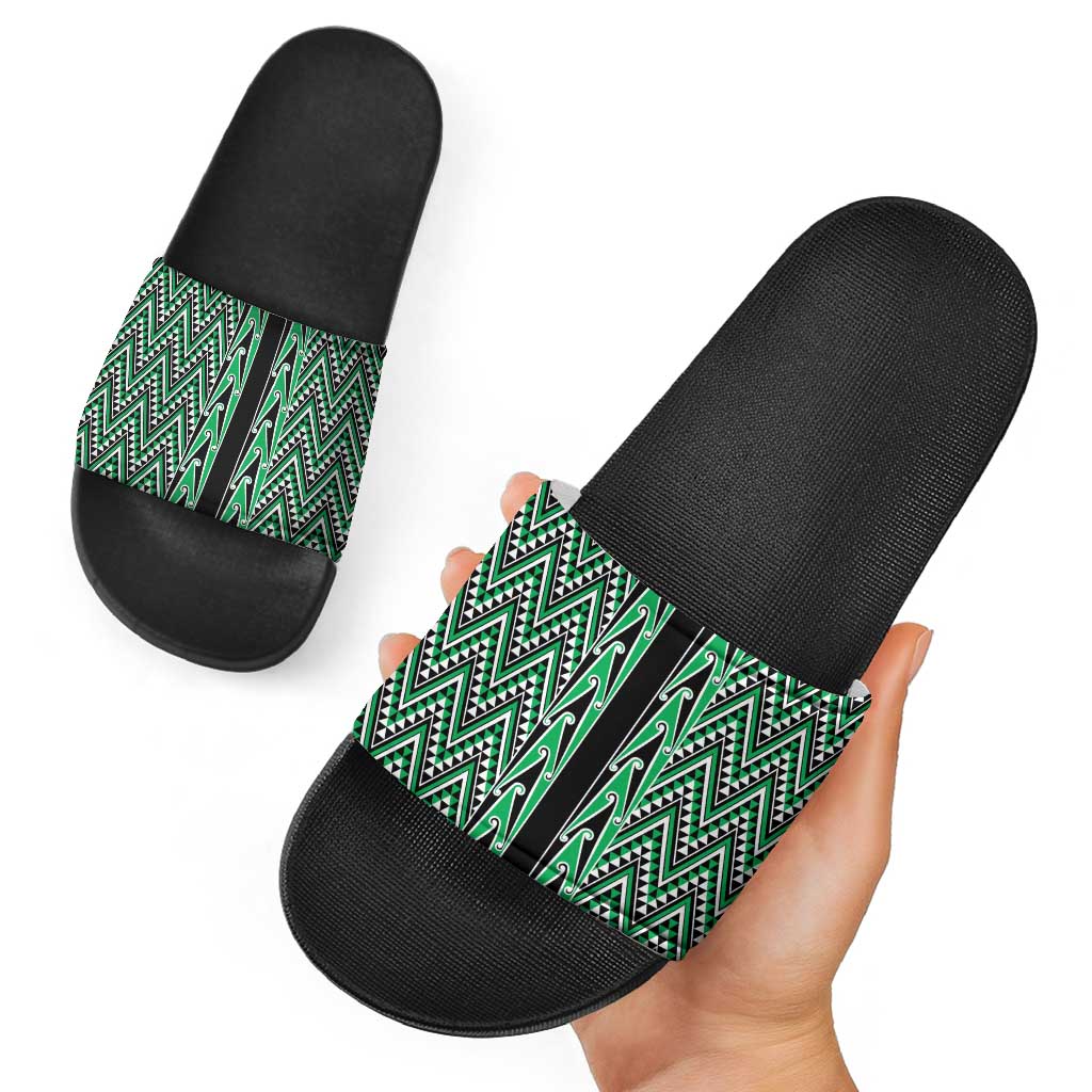 New Zealand Maori Niho Taniwha Slide Sandals Kakariki Mangopare and Puhoro Pattern - Aussie Hoodie