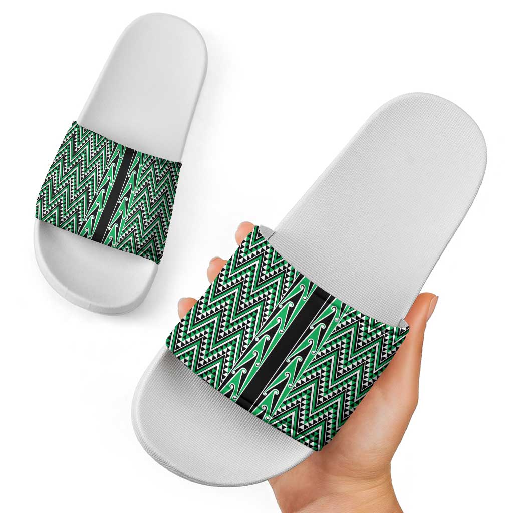 New Zealand Maori Niho Taniwha Slide Sandals Kakariki Mangopare and Puhoro Pattern - Aussie Hoodie