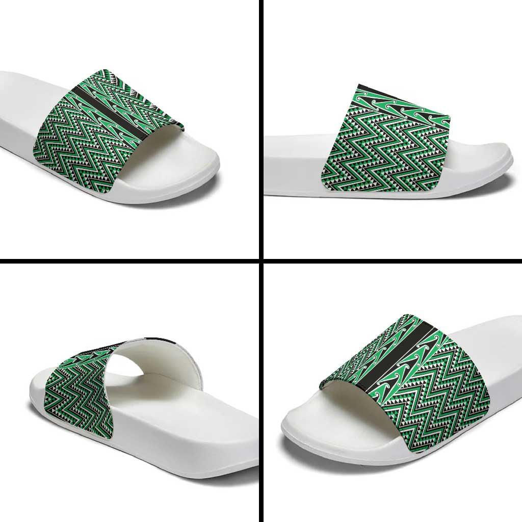 New Zealand Maori Niho Taniwha Slide Sandals Kakariki Mangopare and Puhoro Pattern - Aussie Hoodie