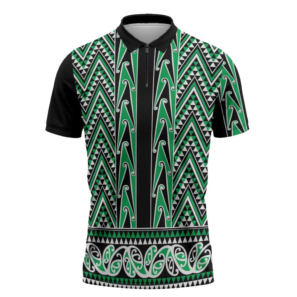 New Zealand Maori Niho Taniwha Zipper Polo Shirt Kakariki Mangopare and Puhoro Pattern - Aussie Hoodie