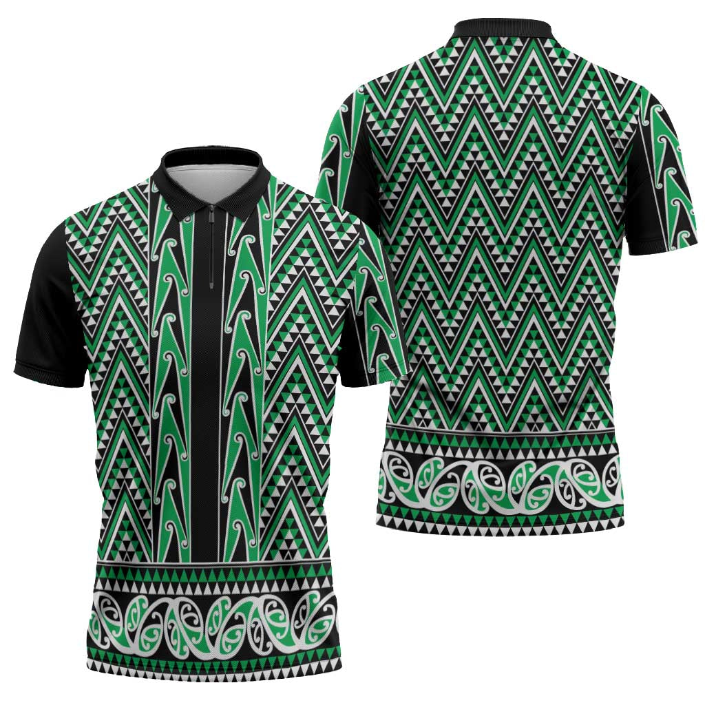New Zealand Maori Niho Taniwha Zipper Polo Shirt Kakariki Mangopare and Puhoro Pattern - Aussie Hoodie