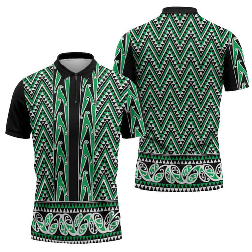New Zealand Maori Niho Taniwha Zipper Polo Shirt Kakariki Mangopare and Puhoro Pattern - Aussie Hoodie