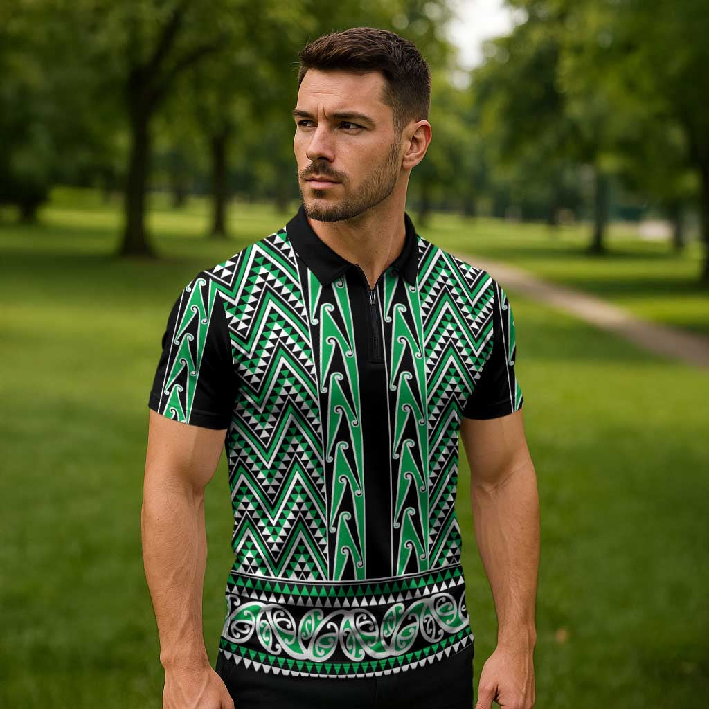 New Zealand Maori Niho Taniwha Zipper Polo Shirt Kakariki Mangopare and Puhoro Pattern - Aussie Hoodie