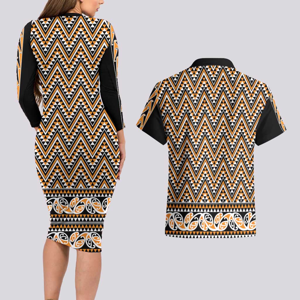 New Zealand Maori Niho Taniwha Couples Matching Long Sleeve Bodycon Dress and Hawaiian Shirt Karaka Mangopare and Puhoro Pattern