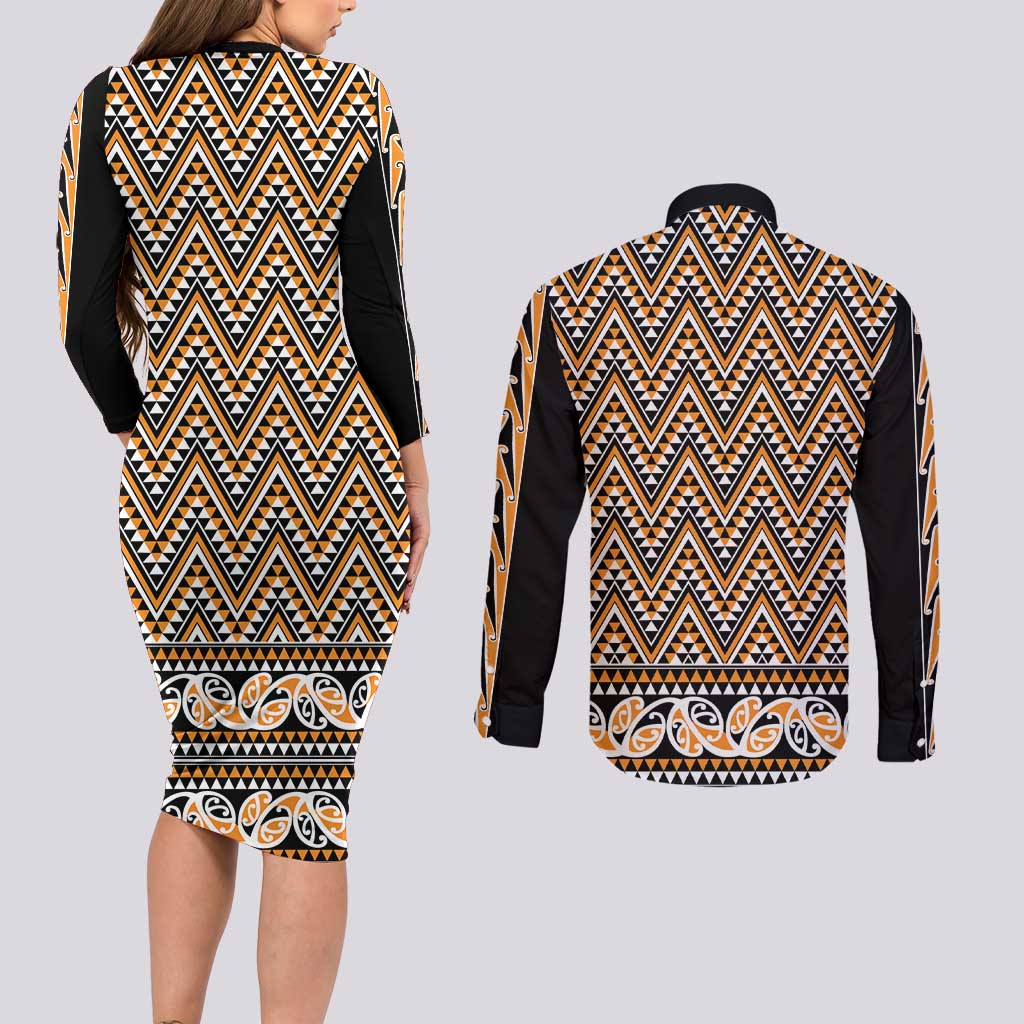 New Zealand Maori Niho Taniwha Couples Matching Long Sleeve Bodycon Dress and Long Sleeve Button Shirt Karaka Mangopare and Puhoro Pattern