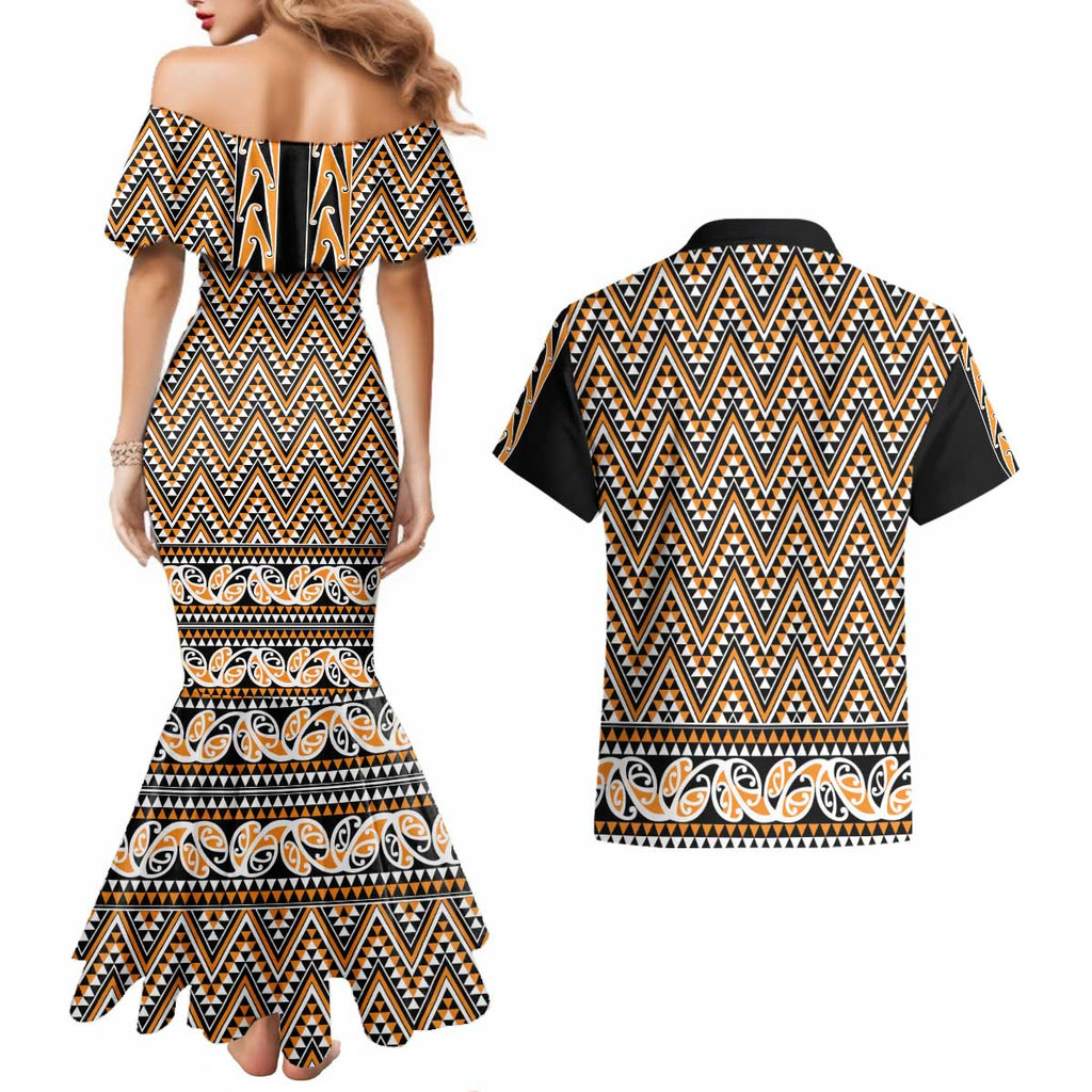 New Zealand Maori Niho Taniwha Couples Matching Mermaid Dress and Hawaiian Shirt Karaka Mangopare and Puhoro Pattern